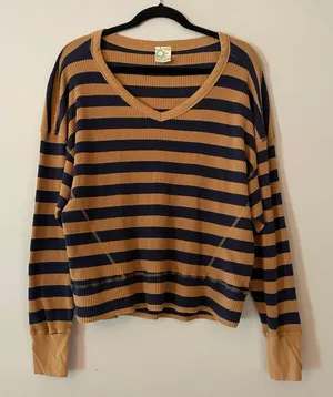 Offline Aerie Brown Blue Stripe Thermal Waffle Knit Long Sleeve Loungewear Small thumbnail 1