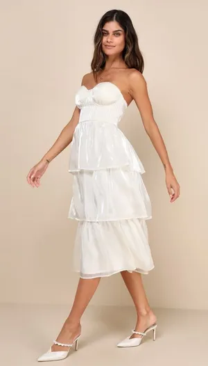 LULU’S Com-Pleat-Ly Charming Ivory Organza Tiered Strapless Midi Dress thumbnail 1