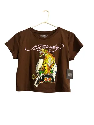 Ed Hardy Brown Cropped Tee with Tiger Graphic thumbnail 3