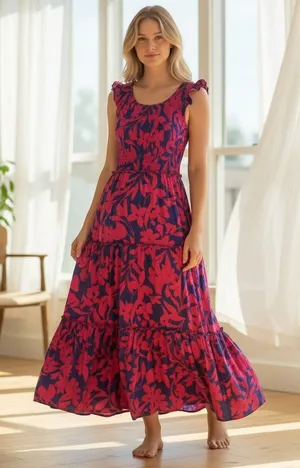 Abel The Label Pink Blue Floral Smocked Tiered Maxi Dress‎ Ruffle Sleeve Medium thumbnail 1