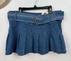 Sincerely Jules Skirt Womens XL Blue Pleated Denim Micro Mini Built-In Belt thumbnail 1