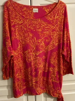 Chicos Pink‎ Orange Paisley Print Boat Neck Side Tie 3/4 Sleeve Top thumbnail 1