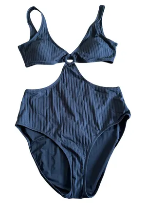 Aerie Womens Black Ribbed Cut Out Ring One Piece Monokini Swim Suit Size Large thumbnail 1
