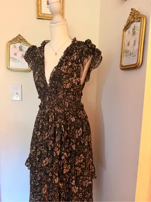Ulla Johnson Black Floral Asymmetrical Midi Dress 100% Silk thumbnail 8