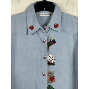 90s Teacher Embroidered School Theme Dressbarn Blue Button Up Long Sleeve Top L thumbnail 3