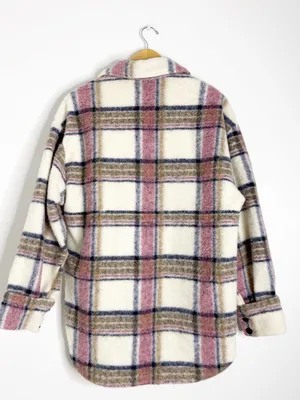 Zara Plaid Overshirt Jacket Size M Pink Cream Shacket Button Front thumbnail 2