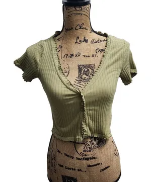 Pact Sage Green Ribbed Crop Top Button Front Short Sleeve Y2K‎ Style Size S thumbnail 1