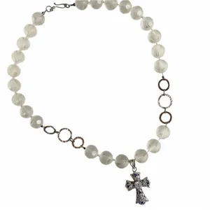 Sterling silver 925 Cross Pendant Frosted Glass Bead Necklace thumbnail 8