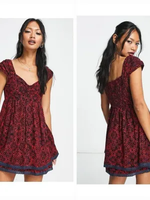 FREE PEOPLE Tabitha Smocked Mini Dress MEDIUM Red Navy Blue Floral thumbnail 16