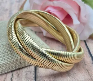 Gold Tone Triple Snake Chain Bracelet Intertwined Statement Chunky thumbnail 1