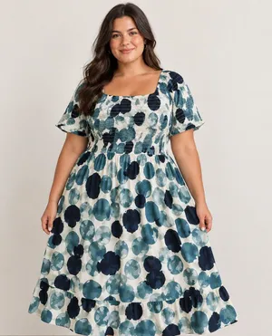 Breezy Boho Smocked Midi Dress - Blue Abstract Watercolor Polka Dot (100% Cotton thumbnail 1