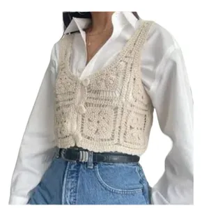 Crochet Knit Cropped Sleeveless Sweater Cardigan in white size M thumbnail 7
