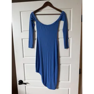 Indah Body Blue Raquel Ribbed Off Shoulder Asymmetric Midi Dress Small Y2K thumbnail 5