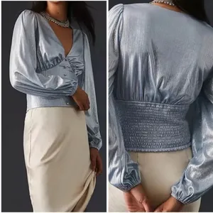 Anthropologie Flat White Shine Blue Iridescent Blouse Size XS NWT thumbnail 3