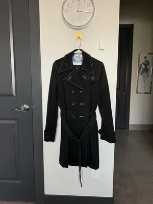 Vintage Banana Republic Black Cotton Trench Coat Contrast Stitch Belted L thumbnail 6