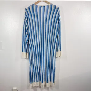 Zara Knit Dress Women's Medium Blue‎ White Vertical Stripe Linen Blend Maxi Slit thumbnail 3