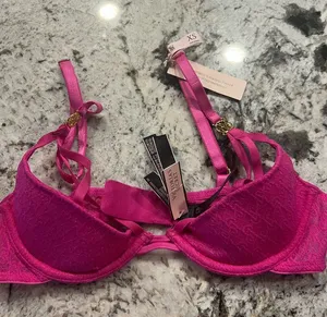 Victoria’s Secret Hot Pink Jacquard Underwire Bra XS Gold Logo Hardware NWT thumbnail 1