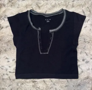 Out From Under by Urban Outfitters Go For Gold seamless black crop top with a notched neckline and grey thumbnail 1