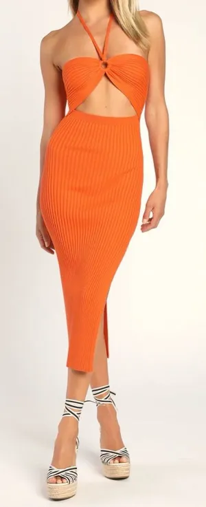 NWT Lulus Ribbed Knit Cutout Halter Midi Dress‎ Size XL thumbnail 1