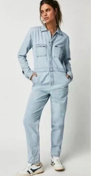 NWT Free People x Lee Union-Alls Coverall Denim Jumpsuit S Sky Blues Stripe thumbnail 1