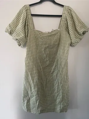 Sage Green White Gingham Puff Sleeve Mini Dress Large Cottagecore Western Farm thumbnail 1