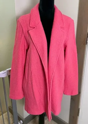Rachel Zoe Wool Blend Open Front Blazer Jacket Workwear Bubblegum Pink Longline thumbnail 1