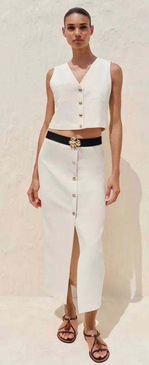 Zara Women Cream Button Front Midi Skirt Gold Brooch Contrast Waistband‎ Slit XL thumbnail 1