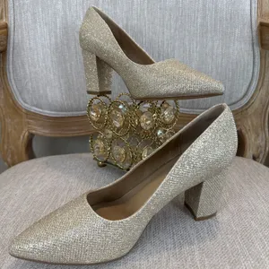 Classic Women's Gold Sparkle Heels Size 7 Block Heel Pointed Toe Evening Dressy thumbnail 2
