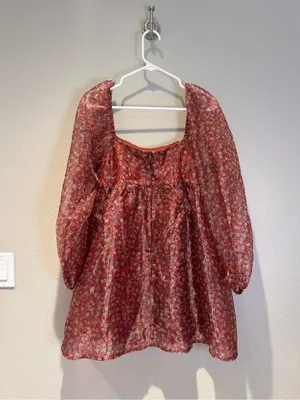 Altar’d State Romantic Rust Floral Sheer Puff Sleeve Mini Dress - Size Small thumbnail 3