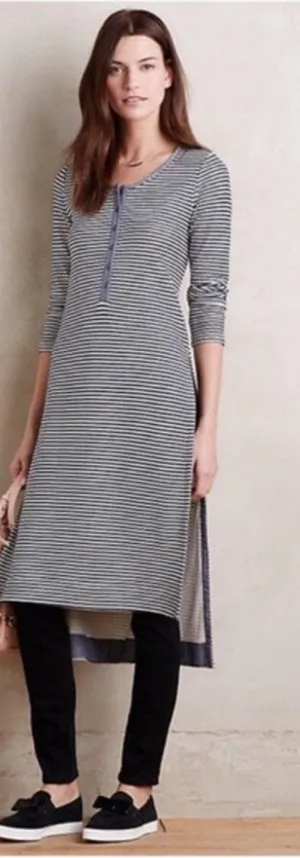 Anthropologie Postmark Navy Blue Striped High Slit Henley Tunic Top Midi Dress thumbnail 1