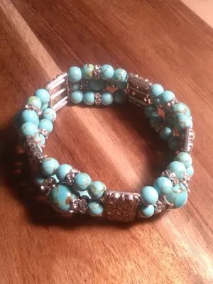 Blue Howlite Three Row Beaded Silvertone Stretch Bracelet thumbnail 3