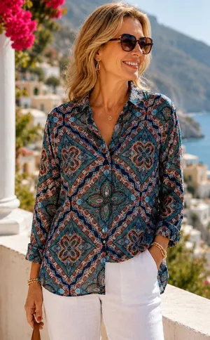 Chico’s Mosaic Print Resort Button Front Blouse thumbnail 1