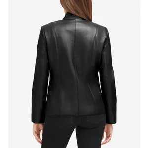 Cole Haan Womens Black Genuine‎ Lambskin Leather Wing Collar Zip Jacket Medium thumbnail 2