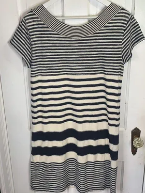 Anthropologie Mauve Haven Soft Knit Striped Navy White Shift Dress W-640 Size M thumbnail 7
