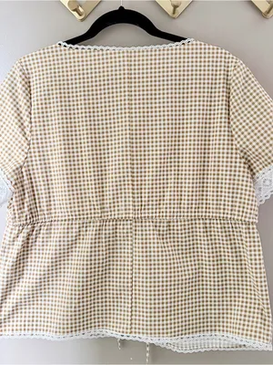 Bagatelle Cottagecore Gingham Front Tie Lace Trim Blouse Tan White Large thumbnail 6