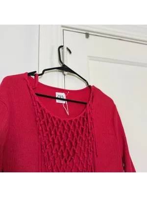 Zara Red Crochet Neck Knotted Macrame Gauzy Maxi Dress Medium 3/4 Sleeves thumbnail 2