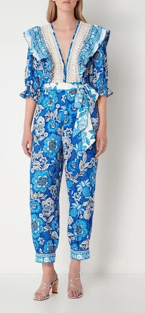 FARM RIO Blue Floral Pattern Full of Flowers Tapered Fit Jumpsuit Size XS thumbnail 1