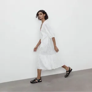 Zara White Eyelet Embroidered Midi Dress Size S Puff Sleeve Cotton Boho Cottage thumbnail 5