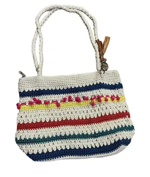 The Sak Crocheted Shoulder Bag‎ Medium Handbag Stripes with pink pom pom row thumbnail 1