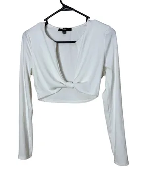 Lulus White Ribbed‎ Twist Front Long Sleeve Crop Top Womens Medium V-Neck thumbnail 1