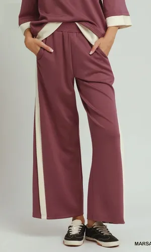 Umgee Colorblock Side Stripe Straight Pants - Marsala - Large thumbnail 1