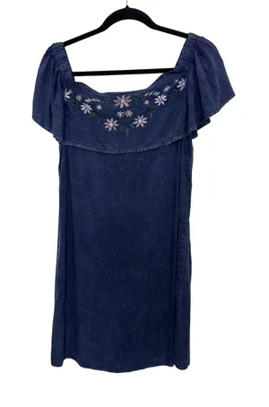 NWT Denim Chambray Embroidered Floral Off the Shoulder Dress L Western Boho thumbnail 1