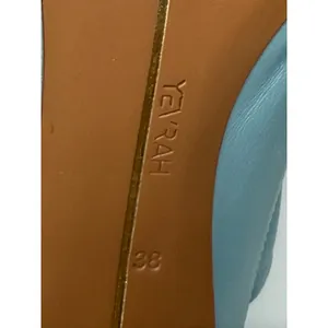 YEVRAH Light Blue Leather Ruched Toggle Pointed Toe Wood Block Heels Size 38 thumbnail 5
