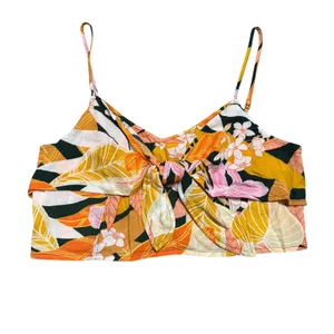 Aerie Size L Tie Front Crop Top Tropical Floral Beach Vacation Smocked‎ Colorful thumbnail 2