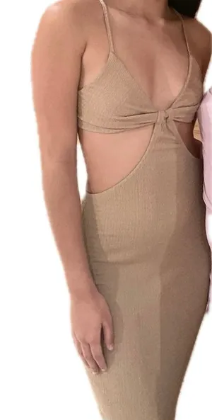Shein Serita Inspired Textured Sand Woven Knit Midriff Cut Outs Maxi Dress XS thumbnail 1