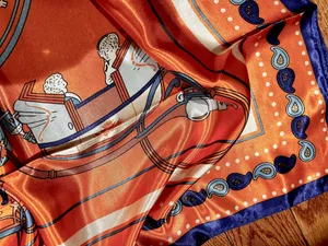 Vintage Equestrian HORSE&CARRIAGE print orange/blue oversized silky Scarf 35/35 thumbnail 9