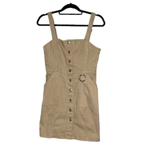 H&M Divided Tan Twill Button Front Pinafore Mini Dress Chain Grunge Y2K Size S thumbnail 2