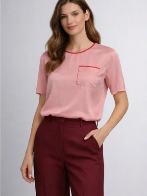 Joe Fresh Blush Pink Short Sleeve Pocket Top silk, preppy, trendy, effortless thumbnail 1
