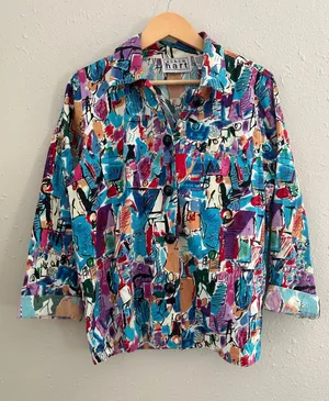 KEREN hart Colorful Abstract Button-Down Shirt Turquoise, Purple & Red Vintage thumbnail 1