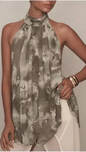 Anthropologie Sage Green Abstract Floral High Neck Open Back Halter Top Size M thumbnail 1